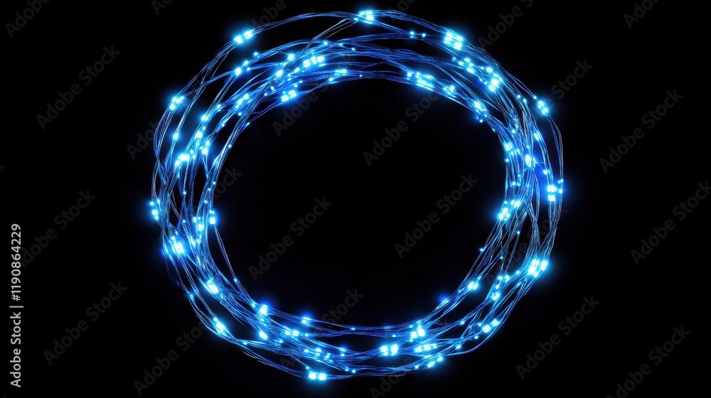 Poster abstract representation of a glowing blue circular network structure against a black background, sym