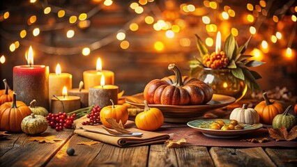 Warm Thanksgiving Glow: Festive Fall Table Setting with Space for Greeting