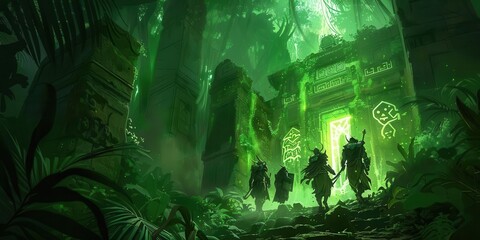Three figures approach an ancient, overgrown temple illuminated by green light in a dense jungle.