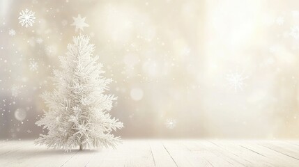 A beautiful Christmas card with a white Christmas tree and delicate snowflakes, set on a soft, blurred background, ideal for sending festive wishes.