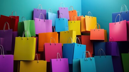 Colorful shopping bags piled in corner.