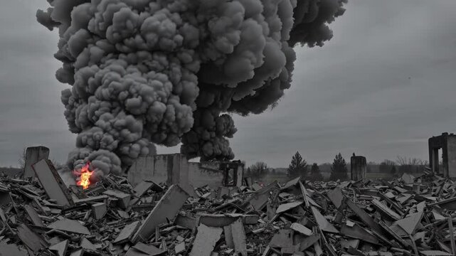 Bomb-Damaged Buildings Engulfed in Smoke
