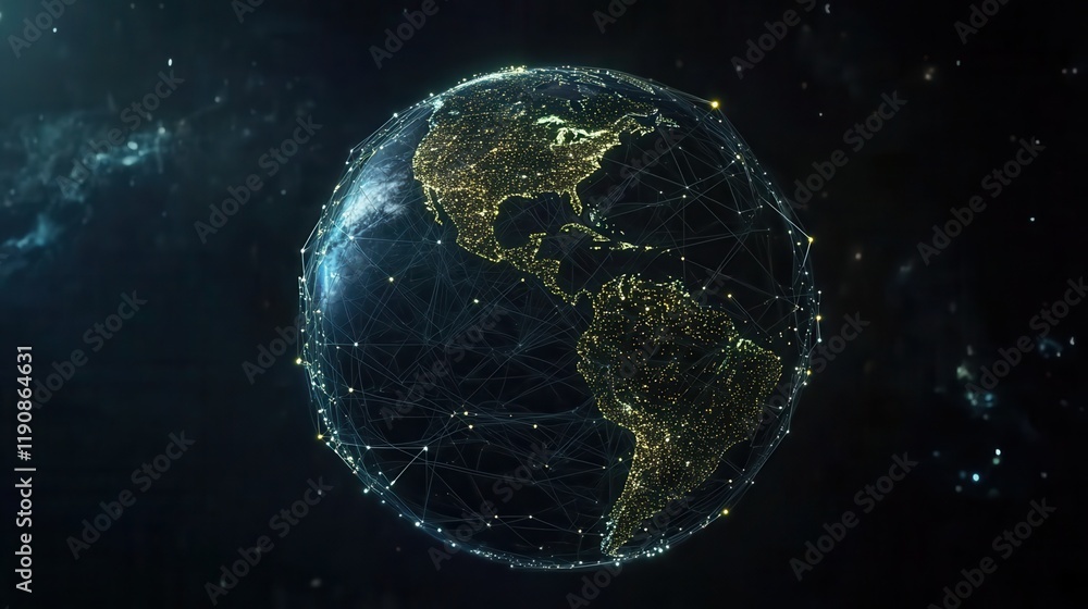 Poster a digital globe with glowing lines and dots, representing global connectivity and data flow. the ame