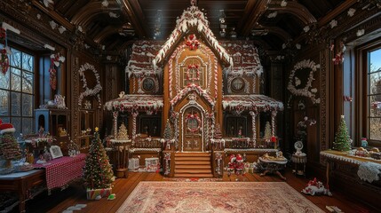 Obraz premium A beautiful gingerbread house with intricate icing designs, candy decorations, and a warm, inviting Christmas atmosphere for holiday photo shoots