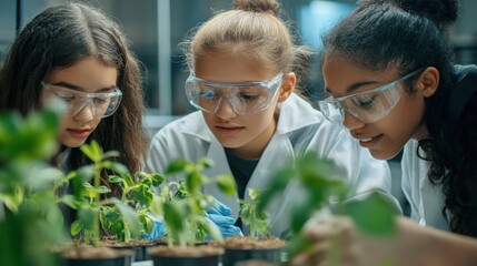 Multiethnic students analyzing plant experiment in school lab. Group of high school students in science laboratory understanding the study of roots. Classmates studying the growth of sprouts.