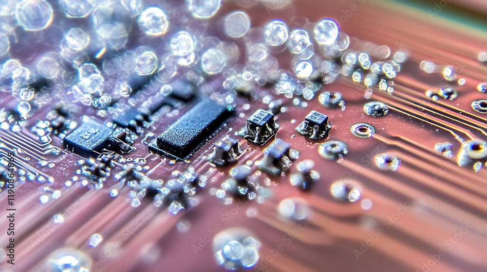 Poster intricate closeup of a circuit board, showcasing its complex components and circuitry. bokeh effect 