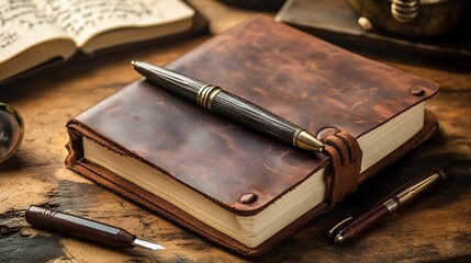 Leather journal, pen, compass, and book on wooden table.