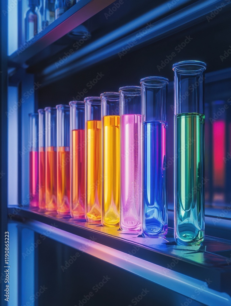 Poster a row of test tubes filled with colored liquids on a shelf in a laboratory or lab room