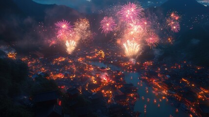 Fototapeta premium A bird's-eye view of a village celebrating Chinese New Year with synchronized fireworks lighting up the area.