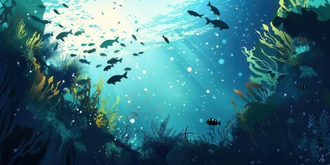 Obraz premium Underwater scene with fish and coral, illuminated by sunlight.