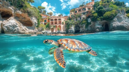 Serene underwater view of a sea turtle near cliffs. Generative AI