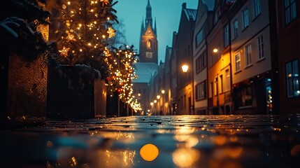 Fototapeta premium A breathtaking view of the illuminated streets near St. Mary's Church in Celle, Germany, with festive Christmas lights shining brightly in the evening