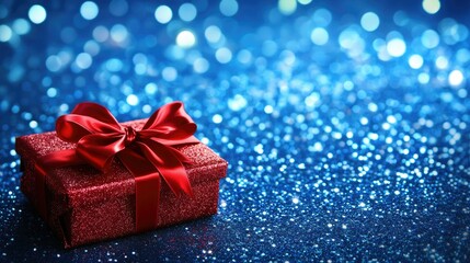 Fototapeta premium A bright blue backdrop with a neatly wrapped gift box in red satin ribbon and bow, creating a perfect holiday or birthday gift theme with copy space.