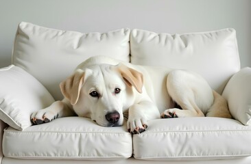 Obraz premium On a white sofa in a white room lies a beautiful big white dog. Dog on a sofa