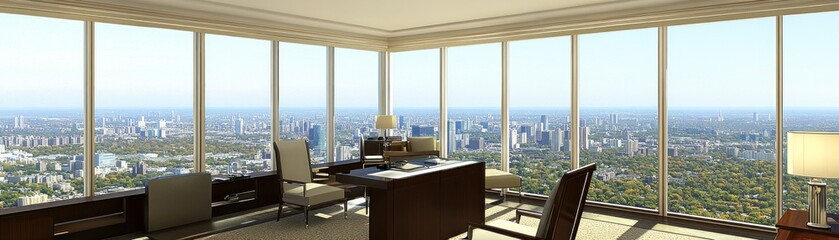 Panoramic Office View Overlooking Urban Skyline with Expansive Windows and Modern Furniture