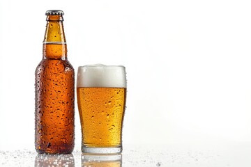 American Football behind a bottle and glass of beer with condensation. Horizontal format on a white background with reflection. Great for Bowl Game projects. 