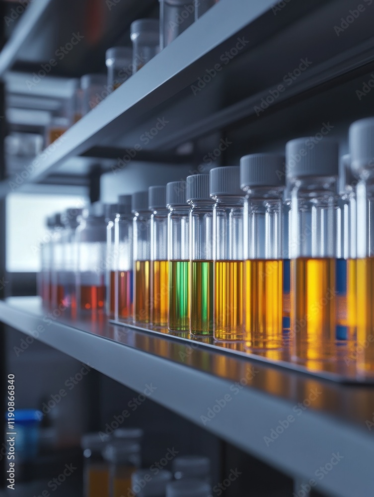Poster a row of test tubes filled with colored liquids on a shelf in a laboratory or lab room