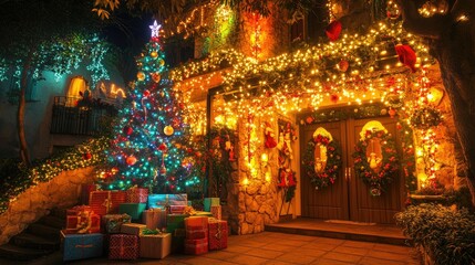 Fototapeta premium A charmingly decorated house with a festive Christmas tree, glowing lights, and colorful presents, ready for a Nativity party celebration
