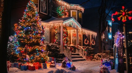 Naklejka premium A charmingly decorated house with a festive Christmas tree, glowing lights, and colorful presents, ready for a Nativity party celebration