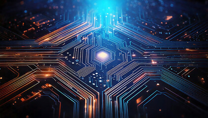 Stunning abstract image of glowing circuit board pathways.  Perfect for tech, AI, innovation, and futuristic designs.  Vibrant blue and orange hues create a dynamic and captivating visual.