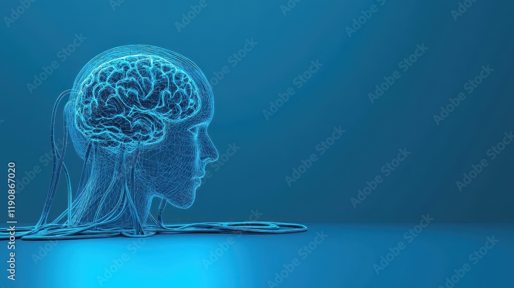 Poster abstract head and brain scribble outline made of usb cable on wide blue background with mock up plac