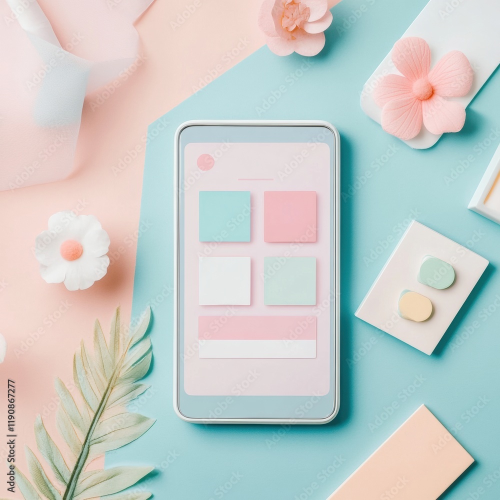 Poster stylized social media post design featuring pastel colors and mobile screen layout with decorative e