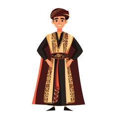 Cartoon man wearing a traditional Turkish wedding costume, featuring a luxurious kaftan with intricate patterns, a belt, and a turban
