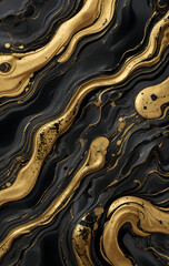 Abstract vertical black and gold liquid marble texture with flowing wavy lines and metallic gold splatters
