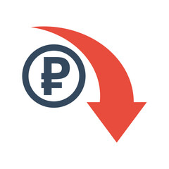 ruble coin with red exponential down arrow, russian economic falling indicator, stock exchange market negative trend, decreased income pictogram