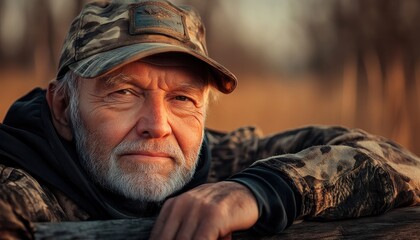 A contemplative elderly man, reflecting on life's journey in a quiet meadow at sunset His weathered face, etched with the wisdom of years, speaks volumes of peaceful resilience The golden light