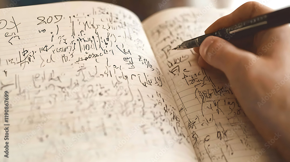 Poster closeup of a hand writing in a notebook filled with dense, handwritten notes. perfect for illustrati