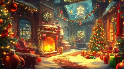 Fototapeta premium A cheerful Merry Christmas and New Year backdrop with glowing ornaments, sparkling lights, and a cozy holiday atmosphere
