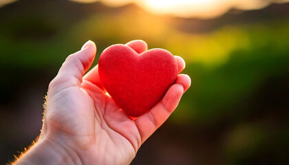 Close-up of a hand gently holding a textured red heart against a warm, sun-drenched backdrop.  Perfect for Valentine's Day, love, charity, or health-related projects.