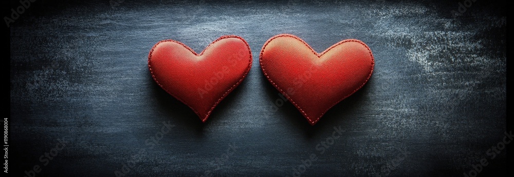 Poster two red hearts placed on a solid black background creating a romantic and striking visual contrast v