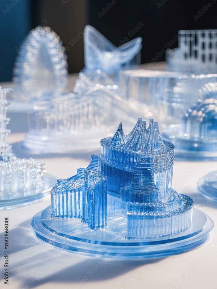 Aufkleber blue three dimensional printed prototypes displayed in array on white surface under bright light