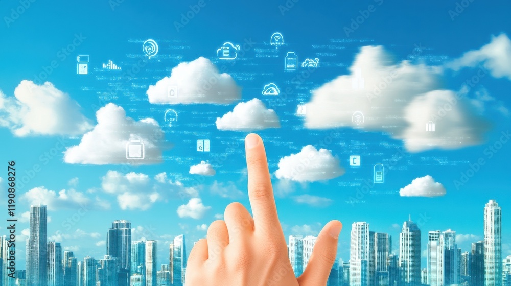 Aufkleber cloud service concept with man finger touching digital screen with cloud service application icons a