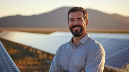 Fototapeta premium Solar energy advocate smiling in front of solar panels rural landscape nature photography sunset lighting sustainable future