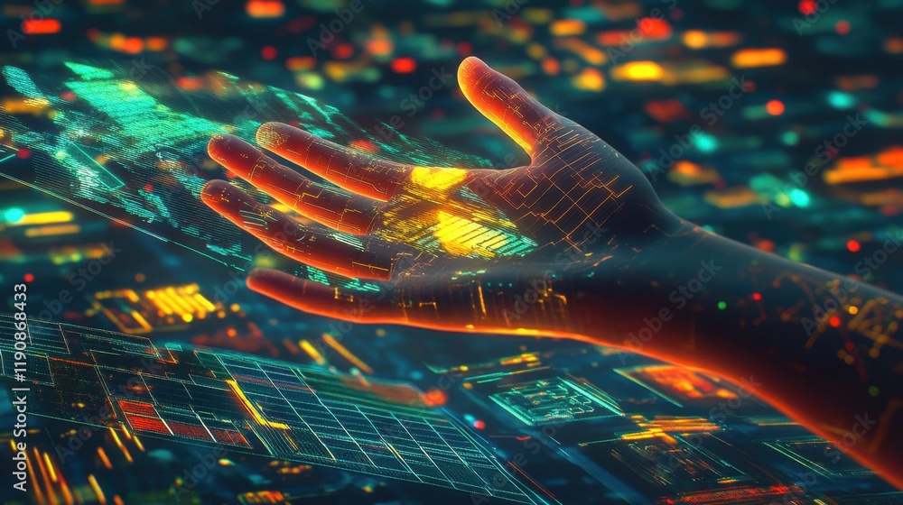 Aufkleber a cybernetic hand interacts with digital data streams