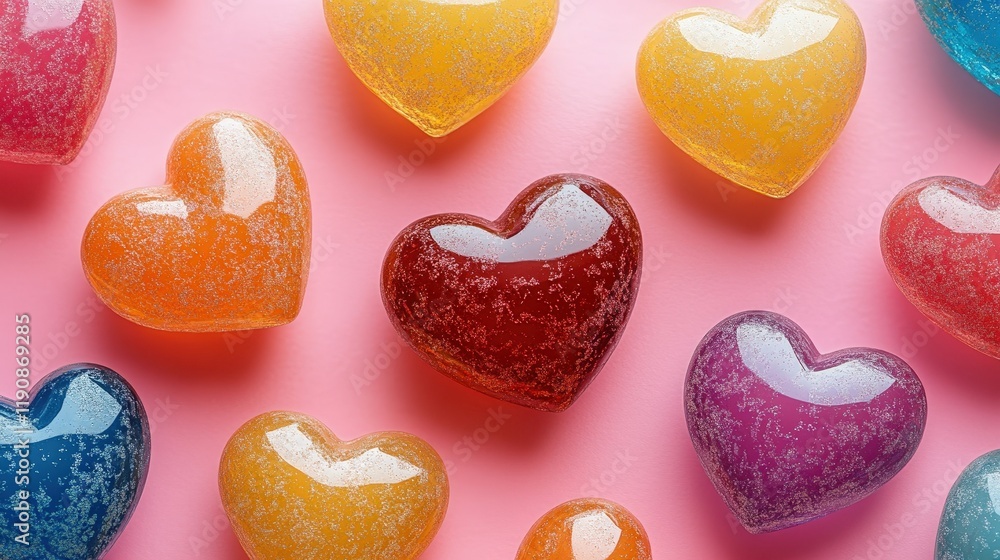 Poster colorful hearts arranged on a soft pink background creating a vibrant and playful design element val