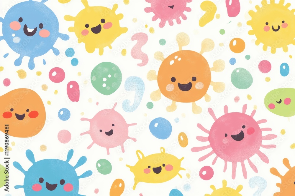 Poster smiling cartoon microbes celebrate in a colorful design with a playful atmosphere for children and e