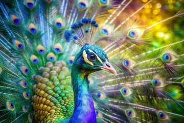 Obraz premium Majestic Peacock Double Exposure Portrait: Vibrant Feathers Close-Up