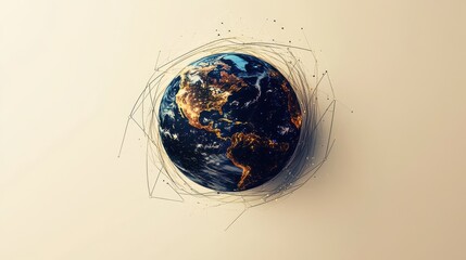 A modern abstract illustration of Earth with orbiting lines, set against a beige background, representing global connectivity and technology.