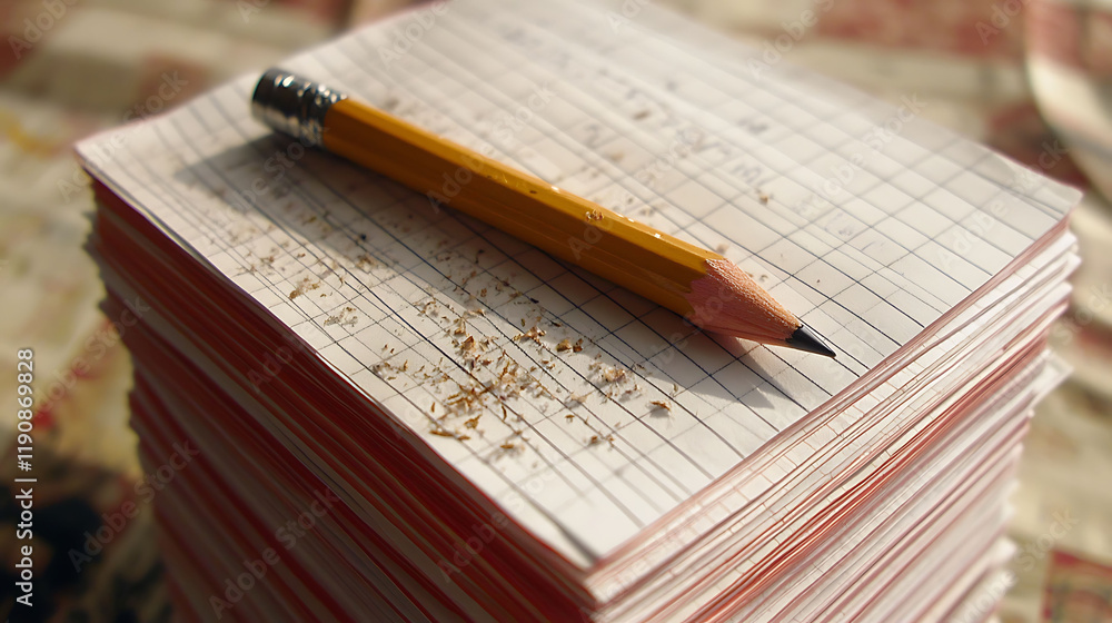 Poster highangle closeup of a sharpened pencil resting atop a stack of gridded paper. pencil shavings are s