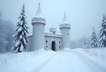 Obraz premium A snowy castle on a hill with winter scenery and historic architecture