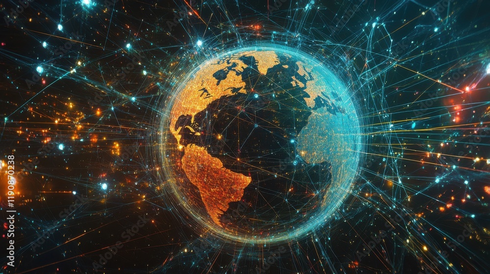 Poster abstract global network illustration: vector world globe with connected lines representing internet 