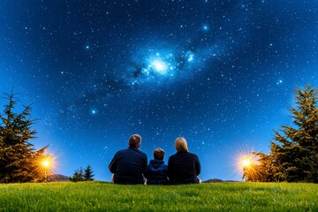 A family of three is sitting on a grassy field under a starry sky