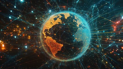 Obraz premium Abstract global network illustration: vector world globe with connected lines representing internet connectivity and worldwide communication background