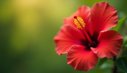 Close up shot of a vibrant red hibiscus flower with a blurred green background