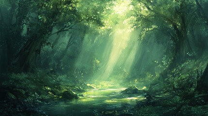 Obraz premium Sunbeams illuminate a serene forest stream.