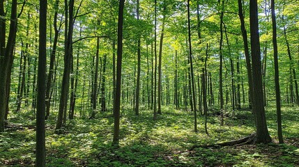 Obraz premium Lush green forest with sunlight filtering through tall trees.